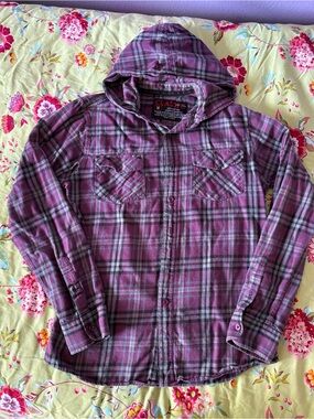 Emerica skateboarding purple gray hooded flannel men’s medium 27Lx 21W